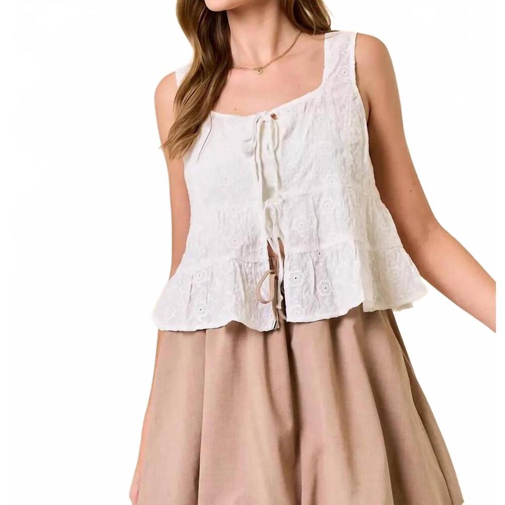 NEW DOE AND RAE bella front tie ruffle top in white